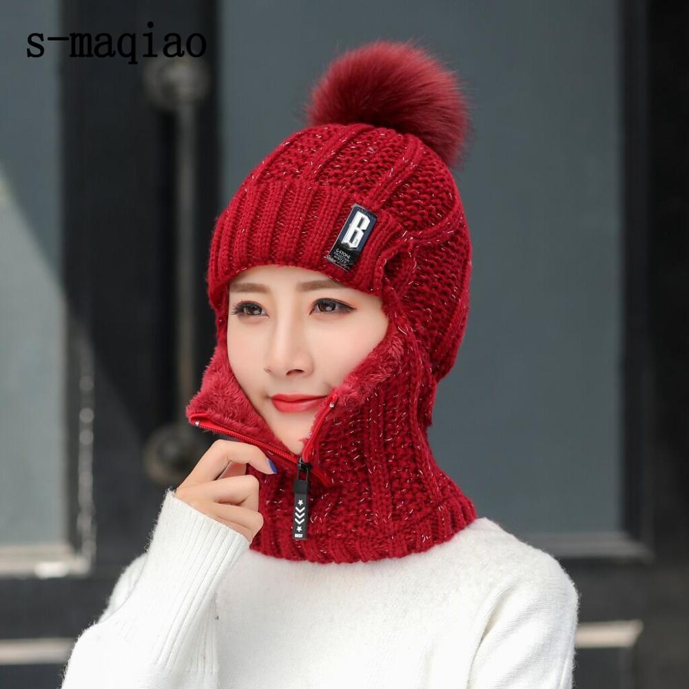 Vinter pige skihue strikket hat tørklæde siameser hat til kvinder varme beanies hat kvindelige ring tørklæde pomponer vinter hatte