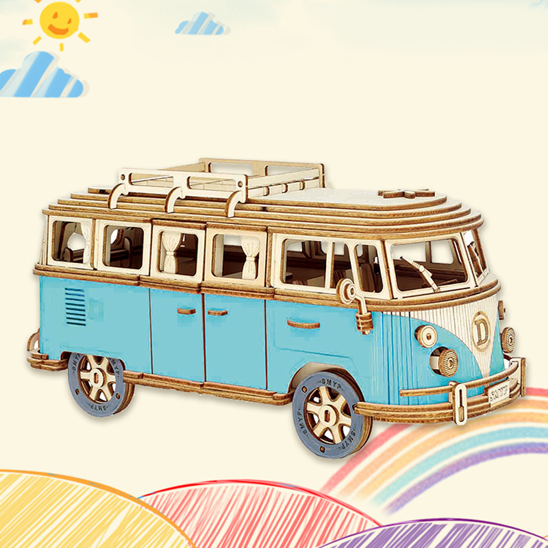 3D Wooden Puzzle Retro Bus European-style Campervan Assembled Car Model DIY Hands-on Ability Cultivate Toys For Children