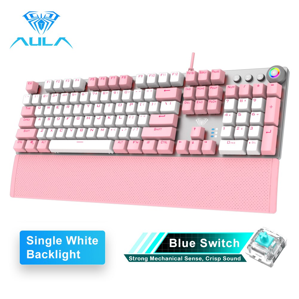 AULA Mechanical Gaming Keyboard White-Light 104 Anti-ghosting Blue/Black Switch Wired Backlight Keyboard for PC Gamer English: Pink-blue
