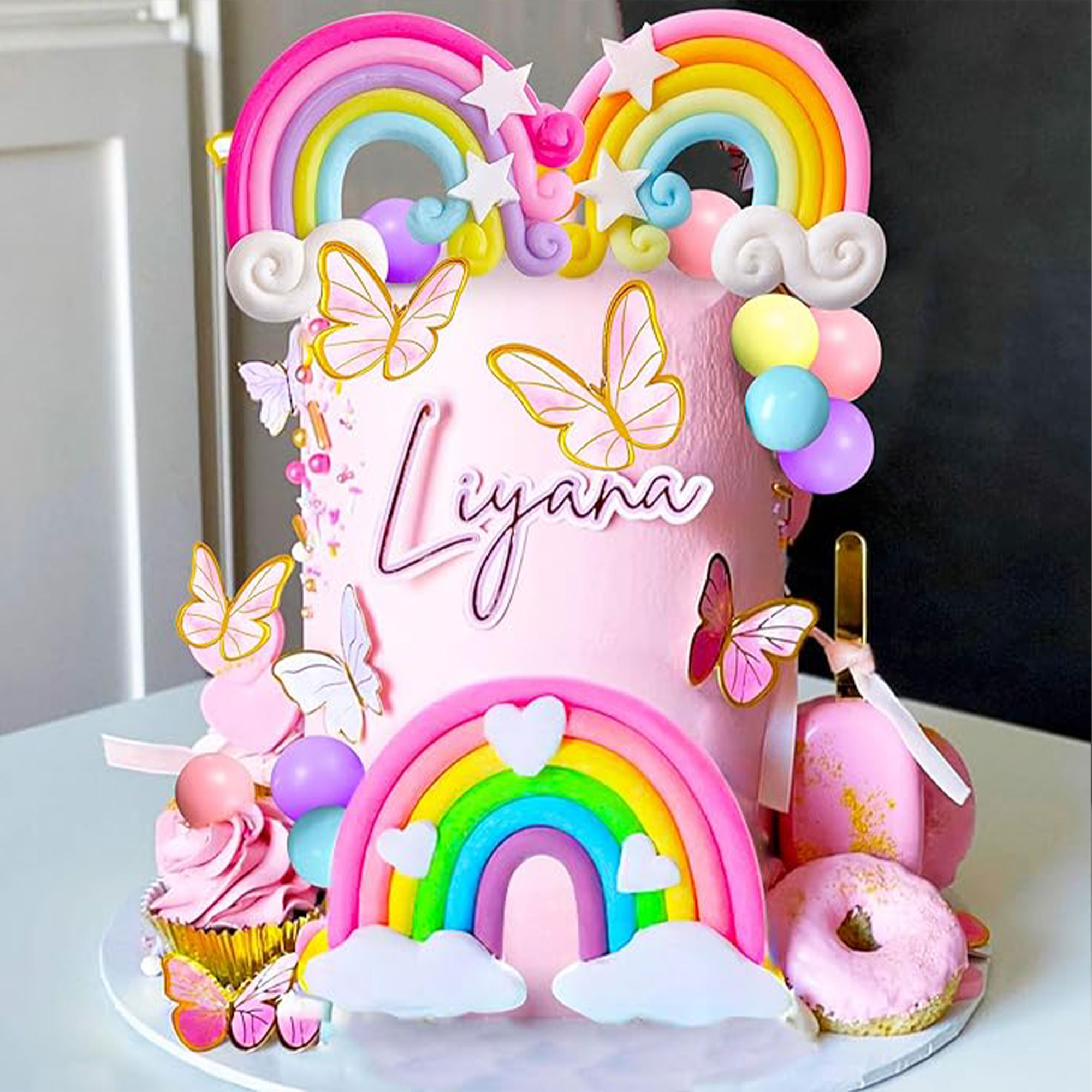 LaVenty 33 PCS Pink Rainbow Cake Topper Unicorn Rainbow Cake Decorations Boho Cake Topper Girls Birthday: Default Title
