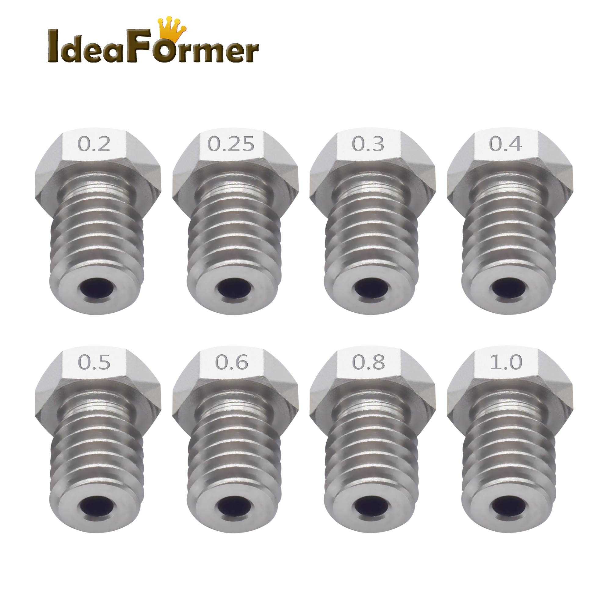 5Pcs E3D Stainless Steel V6 Nozzle M6 Thread 0.2/0.25/0.3/04/0.5/0.6/0.8/1.0mm for 3D Printer 1.75/3.0mm Filament V5 V6 End