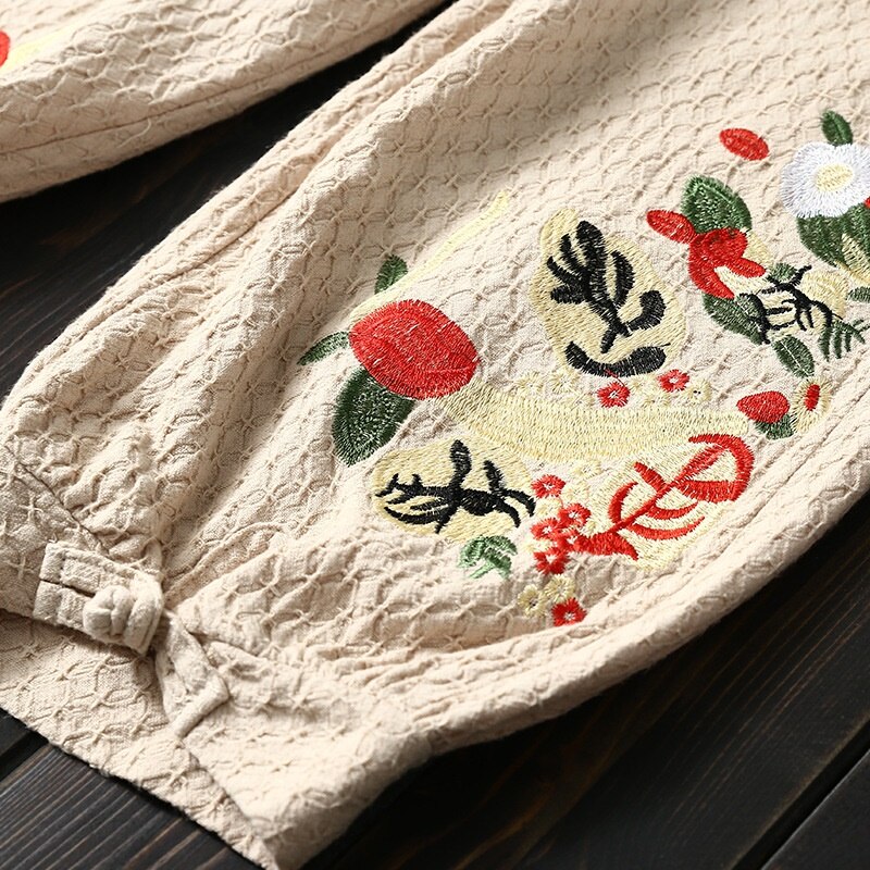Pantalones étnicos de algodón para mujer, pantalón chino con bordado de flores, estilo Hippie, tobillero, para otoño y primavera,