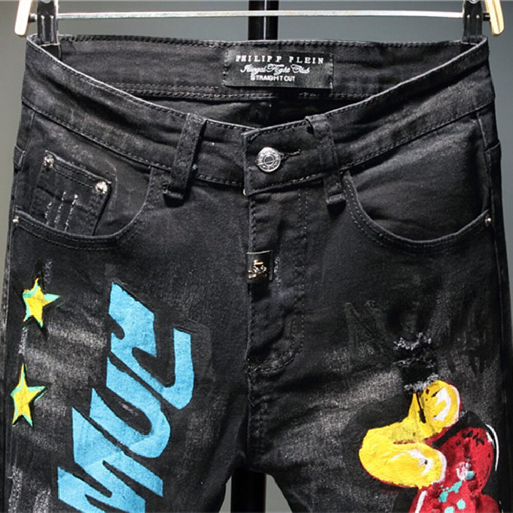 Jean noir imprimé Graffiti pour homme, vêtement pour adolescent, Micro élastique, tendance, décontracté