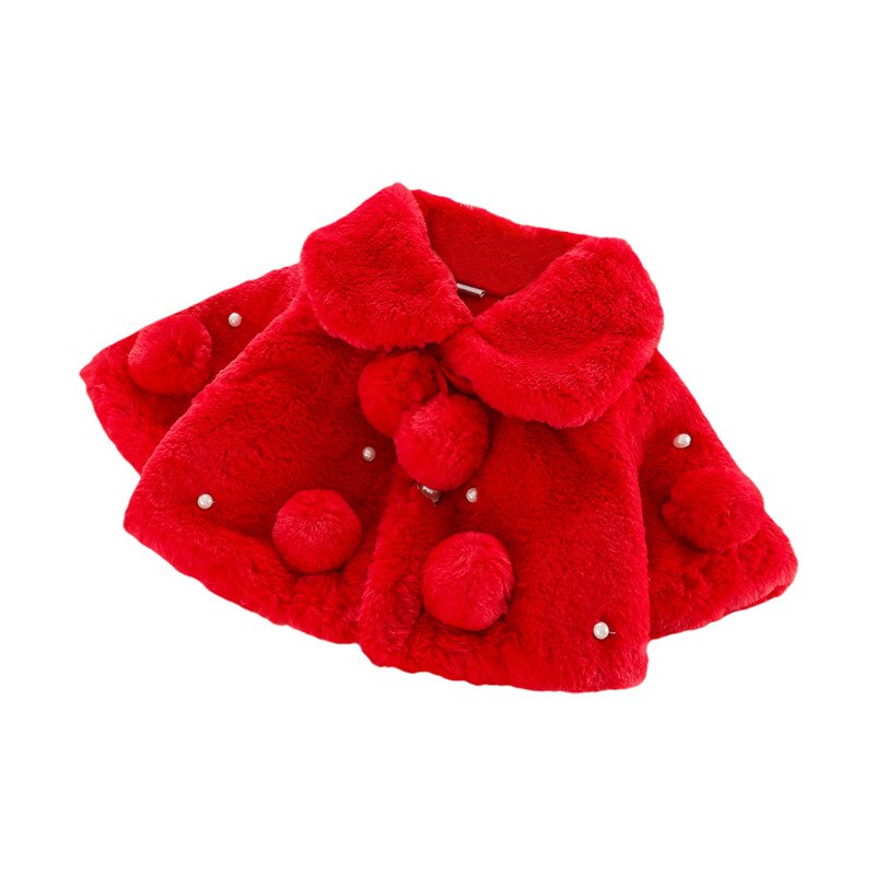 Warm Winter Jassen Kids Baby Effen Kleur Brede Revers Lange Mouwen Bontjas Met Pompoms Parel Leuke Uitloper Kleding Meisje 0-4 Jaar: Rood / 6m