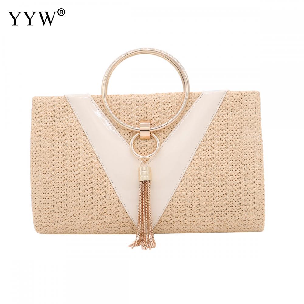 Stro Zinklegering Kwasten Handtas Voor Vrouwen Bruiloft Clutch Bags Met Ketting Cirkelvormige Ring Bolsa Feminina Purse Avond: yellow