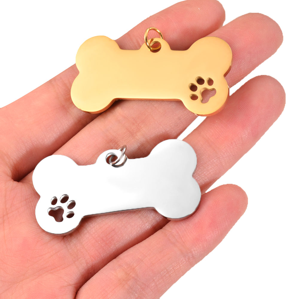 5Pcs Dog Bone Paw Print Tags Pendant Charm Dog ID Stainless Steel Blank Dog Tags 2 colors Both side Polished