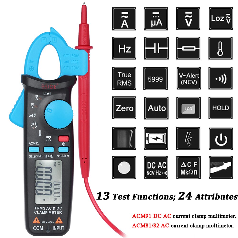 Bside True Rms Digitale Stroomtang Dc Ac Stroom Spanning Temp Condensator Tester Professionele Auto Reparatie Digitale Multimeter