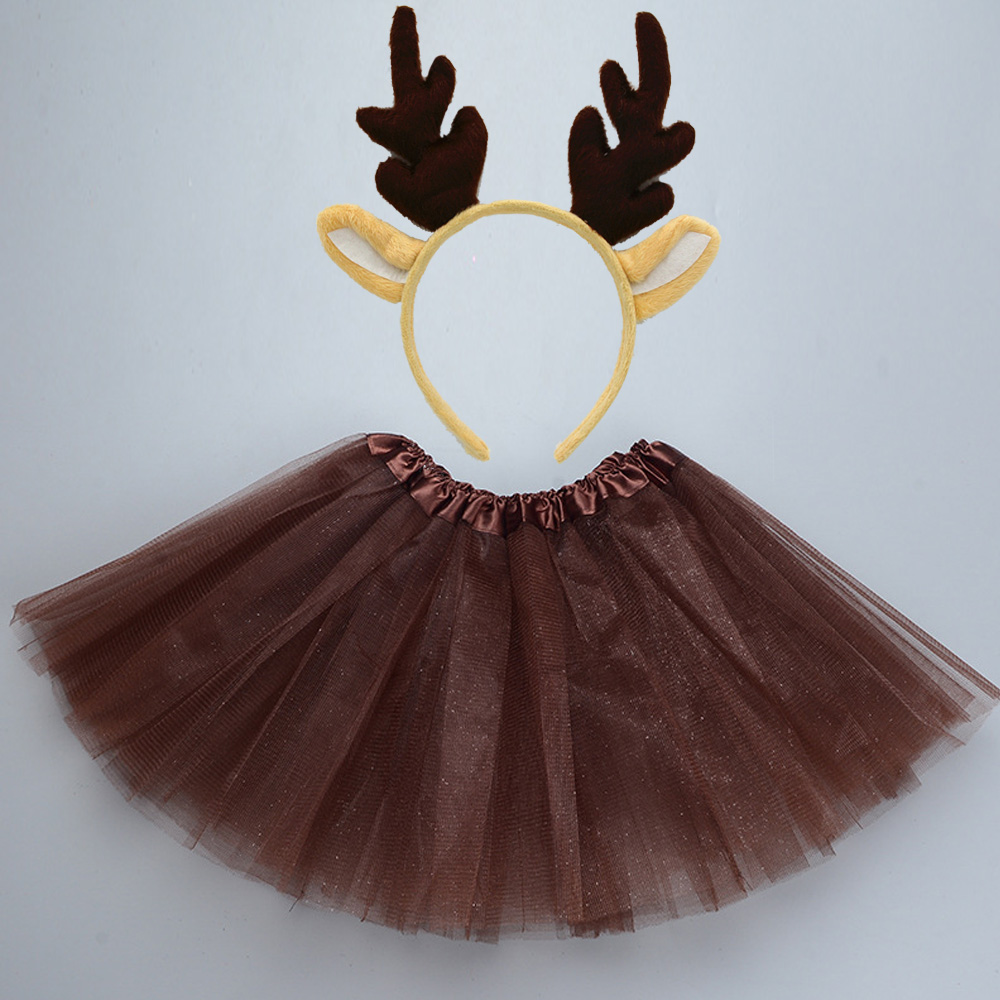 Brown Red Girls Kids Party Deer Antler Elk Cosplay Animal Horn Ear Headband Skirt Costume Baby Shower Halloween