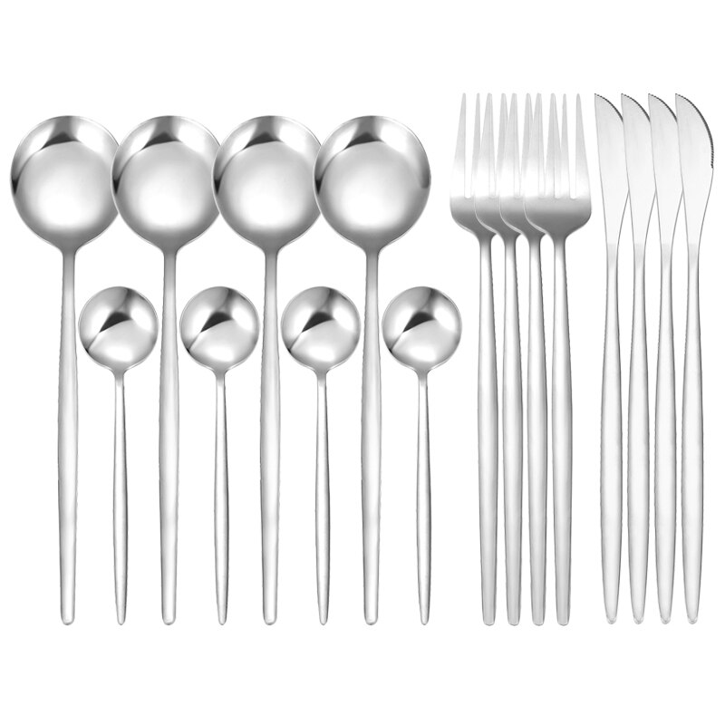 16Pcs/Set White Gold Cutlery Set Knives Forks Tea Spoon Dinnerware Flatware Stainless Steel Silverware Kitchen Tableware Set: 16 Pcs Silver