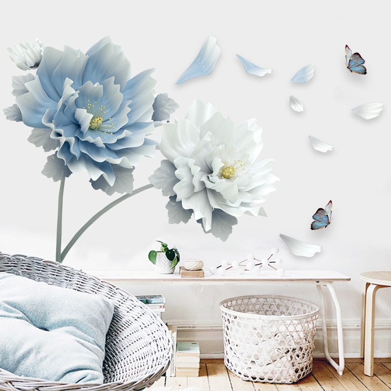 Grote Witte Blauwe Bloemen Muurstickers Lotus Vlinders Verwijderbare 3D Muurdecoraties Muurschildering Woonkamer Slaapkamer Decor