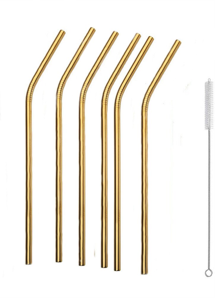 Pajita reutilizable de Metal para beber, juego de pajitas de acero inoxidable 304 con cepillo, Bar, cóctel, vasos, 6 piezas: GoldB