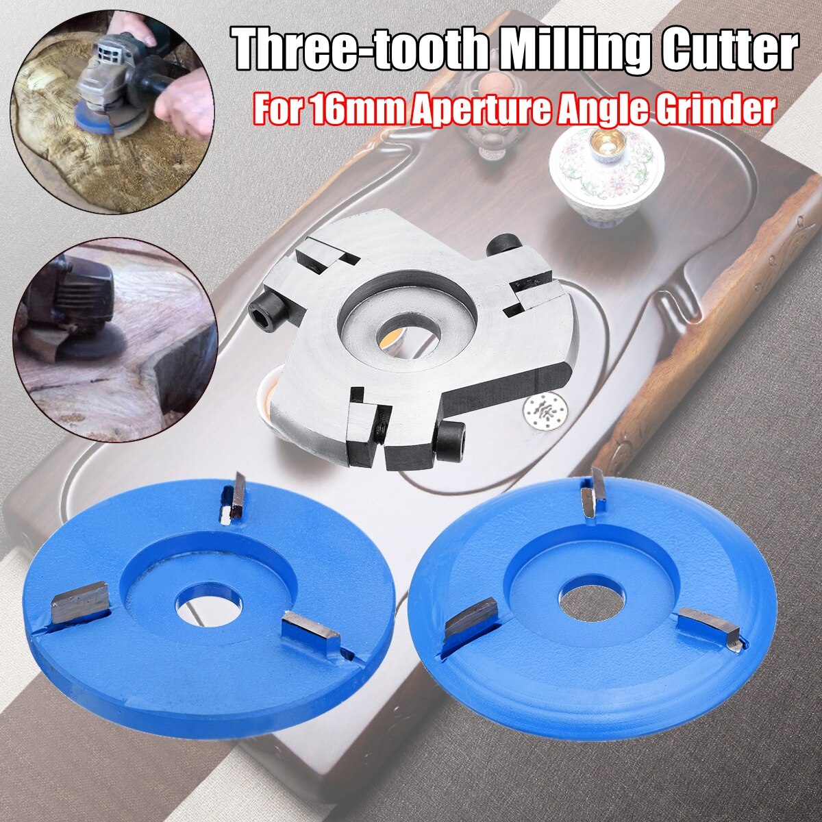 16mm Aperture Angle Grinder Woodworking Three-tooth Turbo Plane Wood Milling Cutter Carving Blade Digging Wood Carving Disc Tool