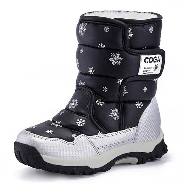 Brand Winter Children Shoes Girl And Boy Boots Water-proof Leather Kids Snow Boots Plush Waterproof Shoes: black / 11.5