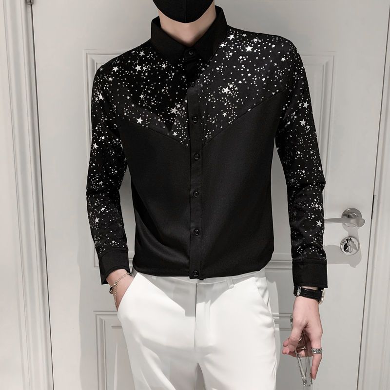 2023 frühling Herbst Neue Geschäft lässig Ordentlich Fähige Männliche T-Hemden Koreanische Jahrgang Shirt Einfarbig Pailletten Schlank oben Männer
