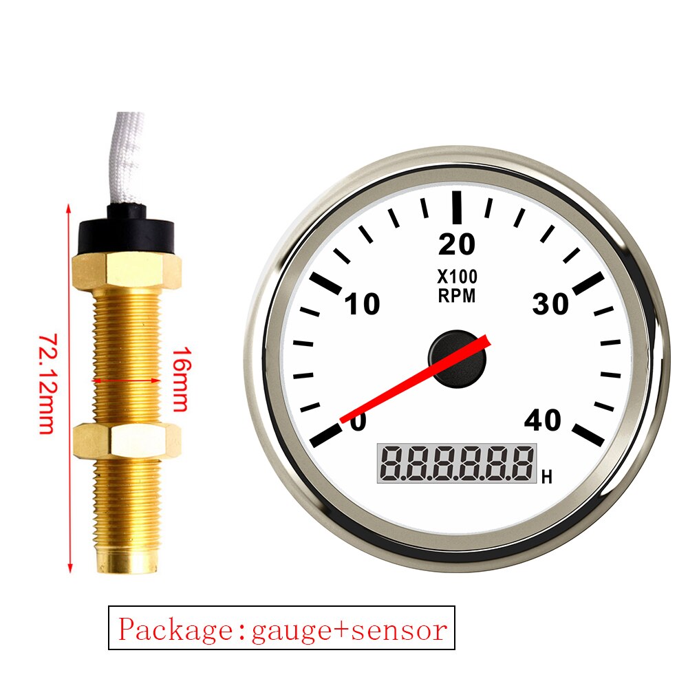 85MM Gauge with Tacho Sensor M16 for Gasoline Diesel Engine Tachometer 3KRPM 4KRPM 6KRPM 8KRPM With Hourmeter Red Backlight: 4KRPM WS M16