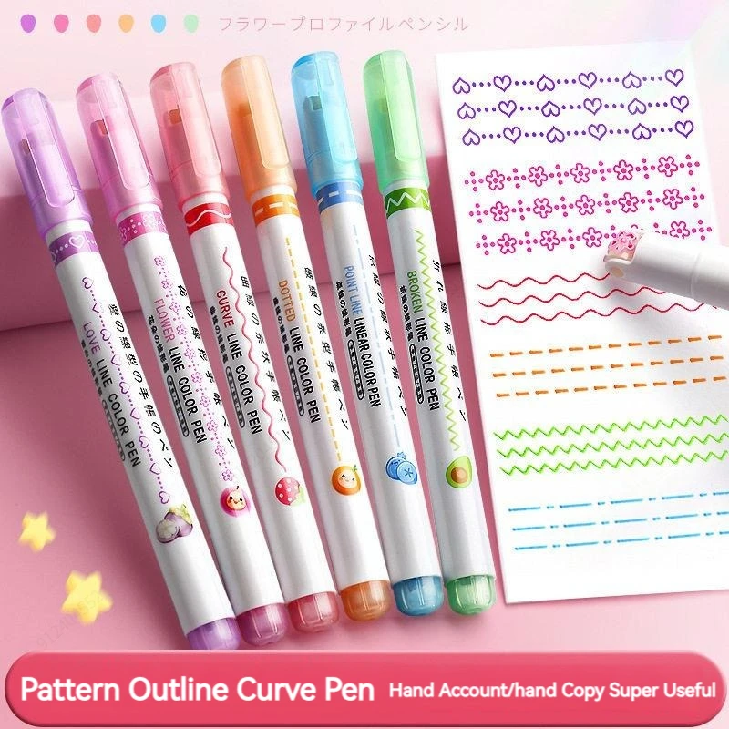 6 stks/set Bloem Lijn Vorm Markeerstift Roller Tip Curve Liner Marker Kawaii Koreaanse Briefpapier School Kantoorbenodigdheden