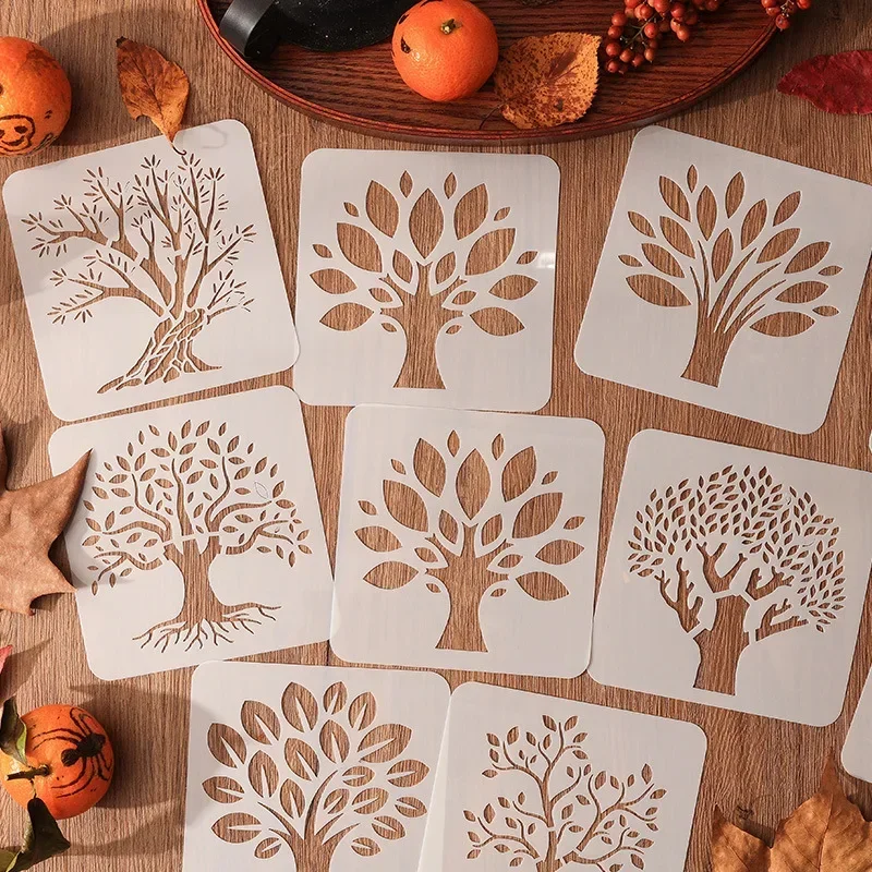 6 unids/set de plantillas de la serie de árboles para pintar y decorar, plantillas de plantillas de árbol de hueco para álbum de recortes, diario, suministros para estudiantes