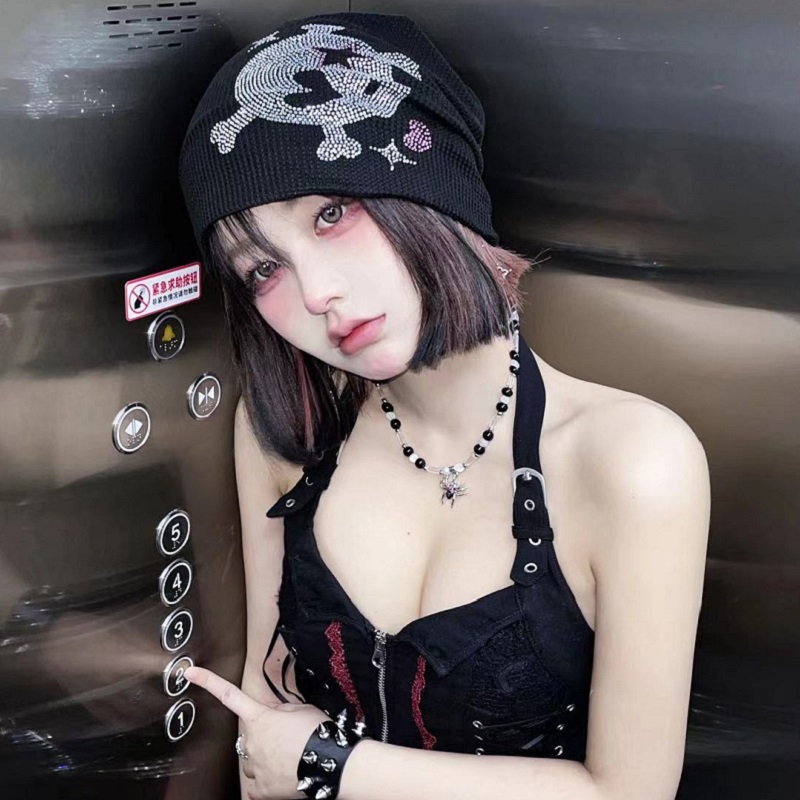 Bonnet Harajuku gothique Punk avec strass, noir, tricoté, Streetwear pour femmes et filles, Rock décontractée