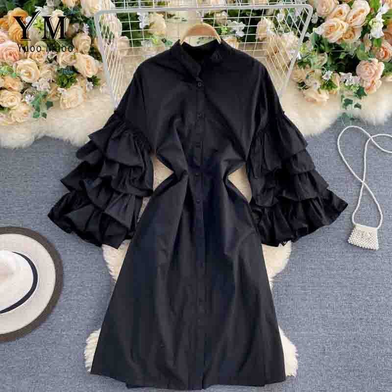 YuooMuoo-vestido verde con volantes de manga larga para otoño, Vestido camisero con una hilera de botones para mujer: Black