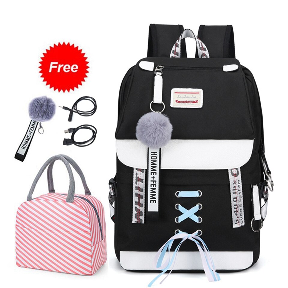 Schooltassen Voor Tienermeisjes Met Lock Anti Diefstal Rugzak Vrouwen Boek Tas Junior High Schooltas Jeugd leisure College: Pure Black