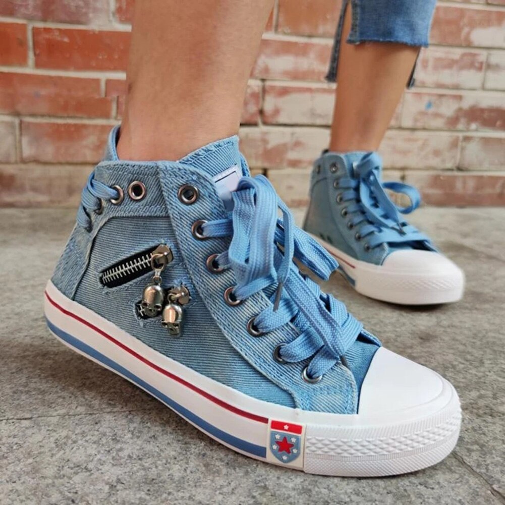 Women's Denim High-Top Back Lace Canvas Sneakers Shoes Girl Teen Student Shoes X85