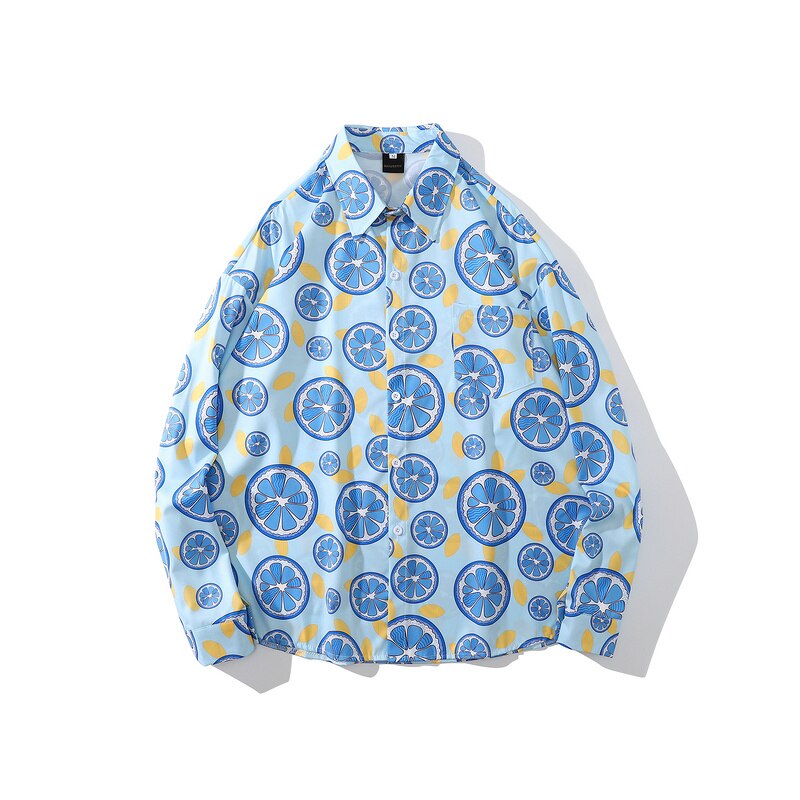 Blusa holgada informal de manga larga con estampado de hojas de limón para verano, camisa holgada con botones estilo Hip Hop para mujer,: 2 / XL