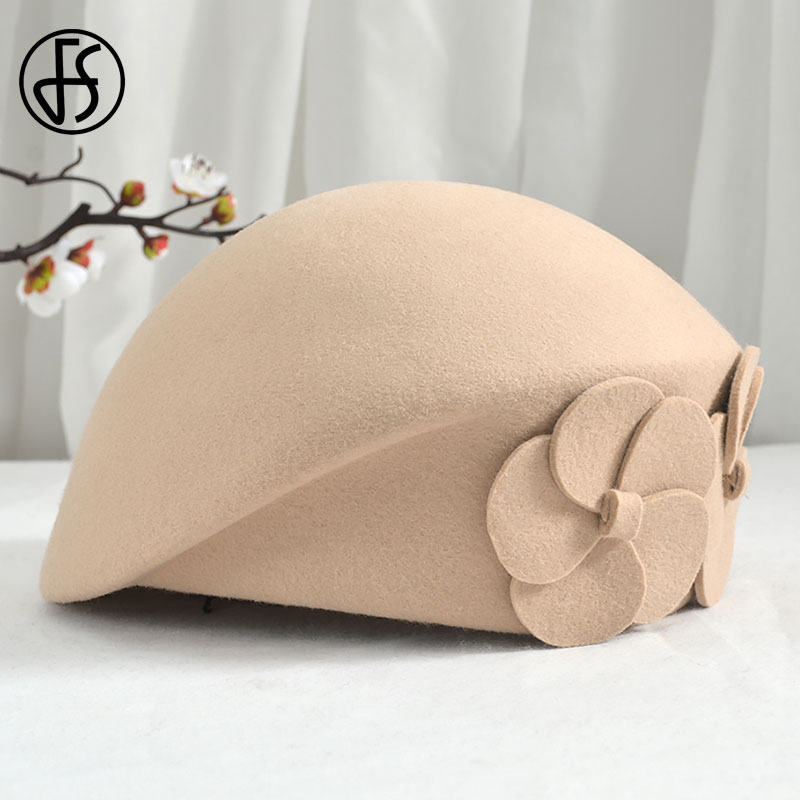 FS Winter Hats For Women Beret Wool Felt Fedora Hat Black Red Hats Wedding Church Party Cocktail Ladies Female French Artist Hat: Light Camel