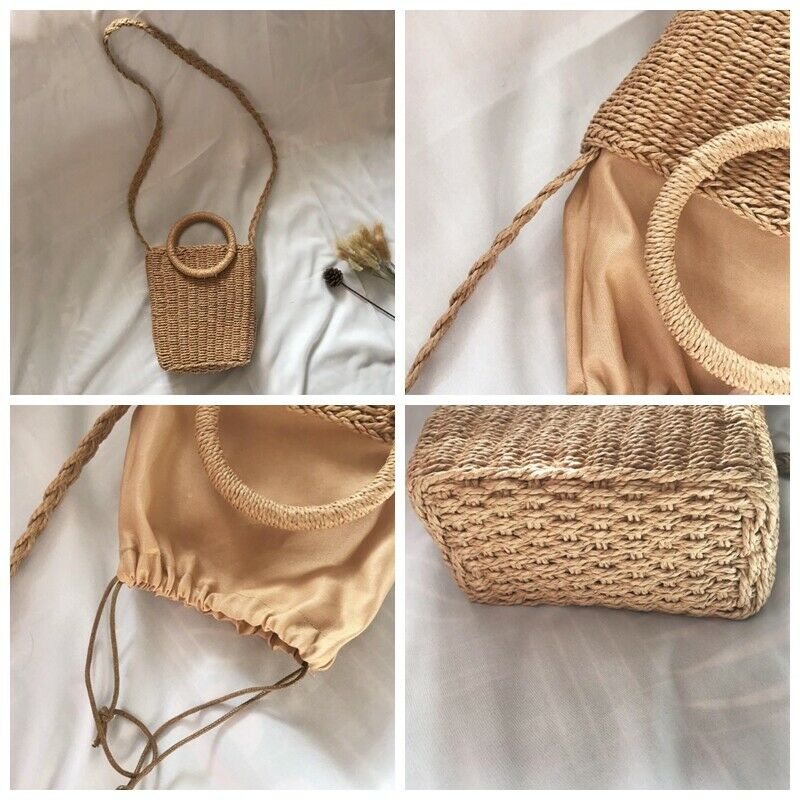 Vintage Women Hand-Woven Rattan Bag Straw Purse Wicker Crossbody Ladies Beach Tote Casual Bag