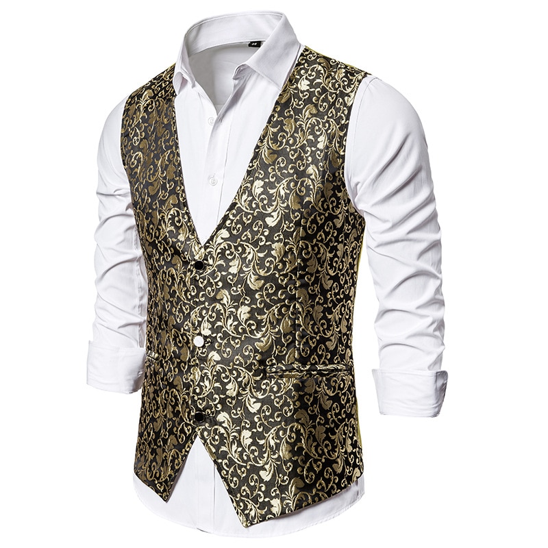 Luxus Gold Blumen- Jacquard Kleid Weste Männer Ärmellose Weste Männer Gilet Homme Kostüm Geschäft Hochzeit Rauchen Westen