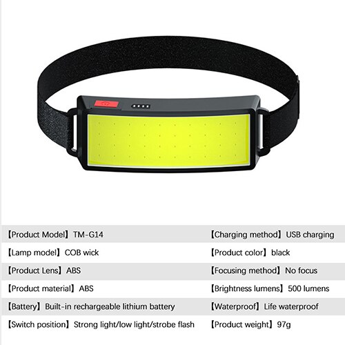 COB Headlamp 500LM Head Lamp ABS Headlight Floodlight Waterproof Usb Work Lamp Fishing Equipment Outdoor Tools TM-G14