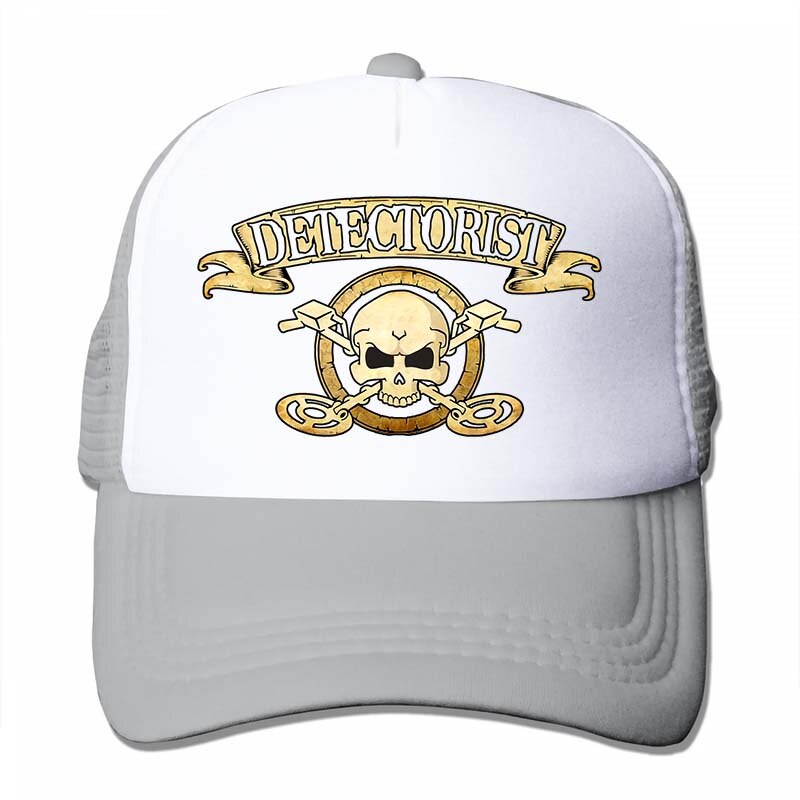 Men detectorist skull & crossbones Metal detector Treasure hunter 2 sided cotton badge Baseball cap men women Trucker Hats: 4-Gray