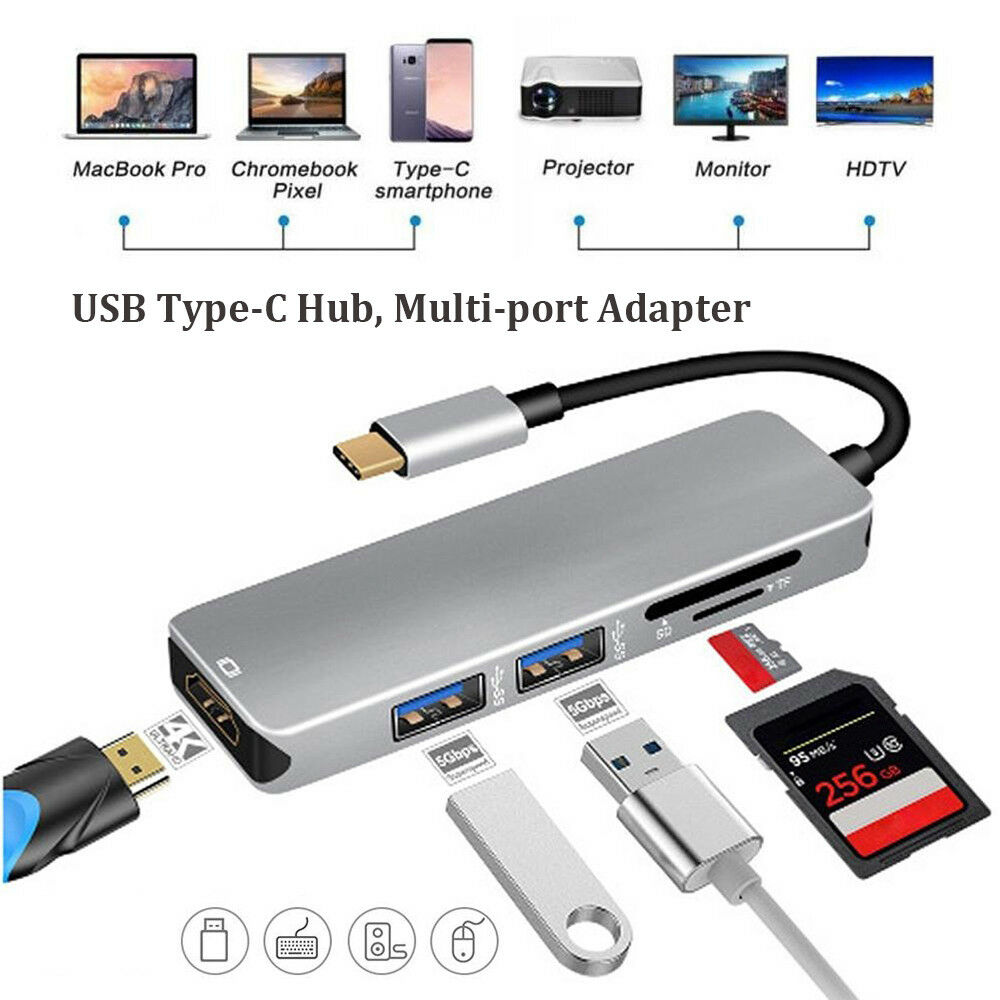 Concentrador de red 5 en 1 de aluminio, HUB USB tipo C a 4K HDMI, compatible con 2 puertos USB 3,0, lector de tarjetas SD/TF para adaptador de concentrador tipo C