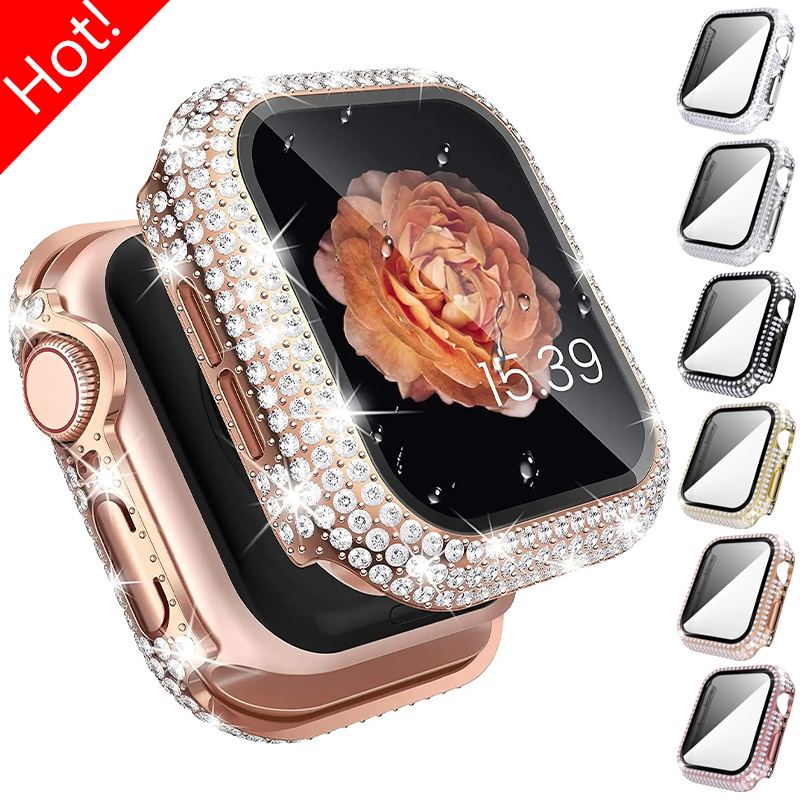 Funda de diamante con cristal templado integrado para Apple Watch, cubierta de 41mm, 45mm, 42mm, 44mm, 38mm, 40mm para IWatch Series 9, 8, 7, 6, SE 5, 4, 3