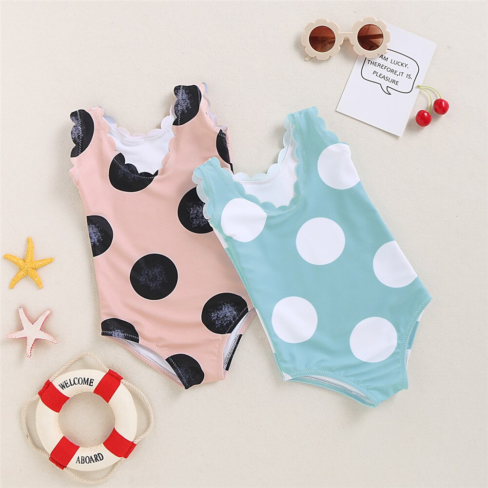 Kids Baby Girls Polka Dot Leotard One-Piece Swimwear Swimsuit Bathing Suit Lacy Big Wave Dot Double-decker