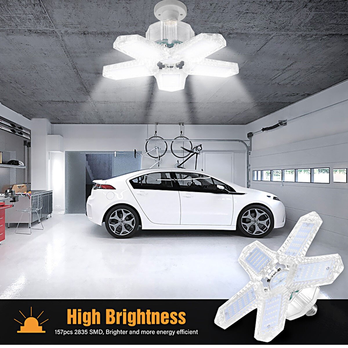 100W 5 Adjustable Panels LED Garage Light E26/E27 Deformable Ceiling Light Warehouse Lighting Bulb For Home Workshop