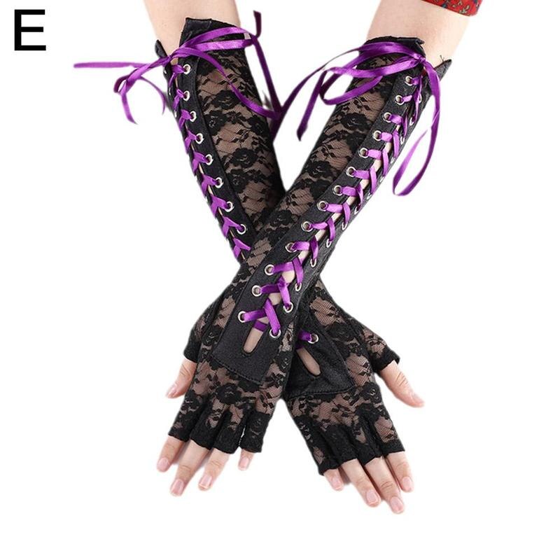 Retro Long Gloves Steampunk Gothic Cosplay Lace Corset Half-finger Gloves Ribbon Fishnet Mesh Wedding Prom Costume Accessory: purple ribbon