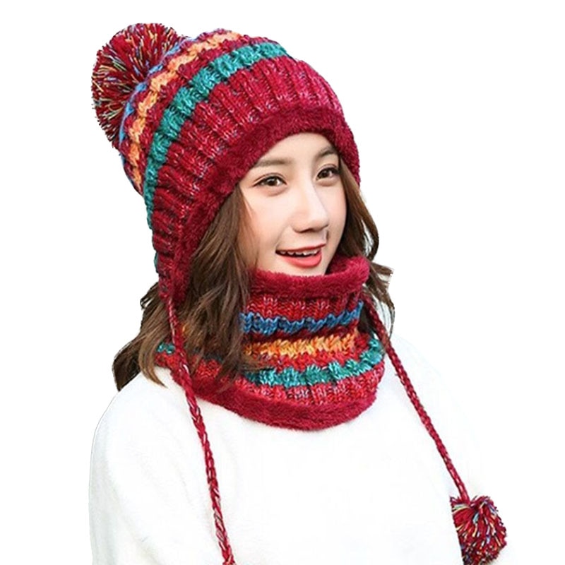 2 stk / sæt store pom poms kugle strikkede kasket hatte tørklæde hat sæt vinter kvinder beanie hat tykke skullies kvindelig kasket