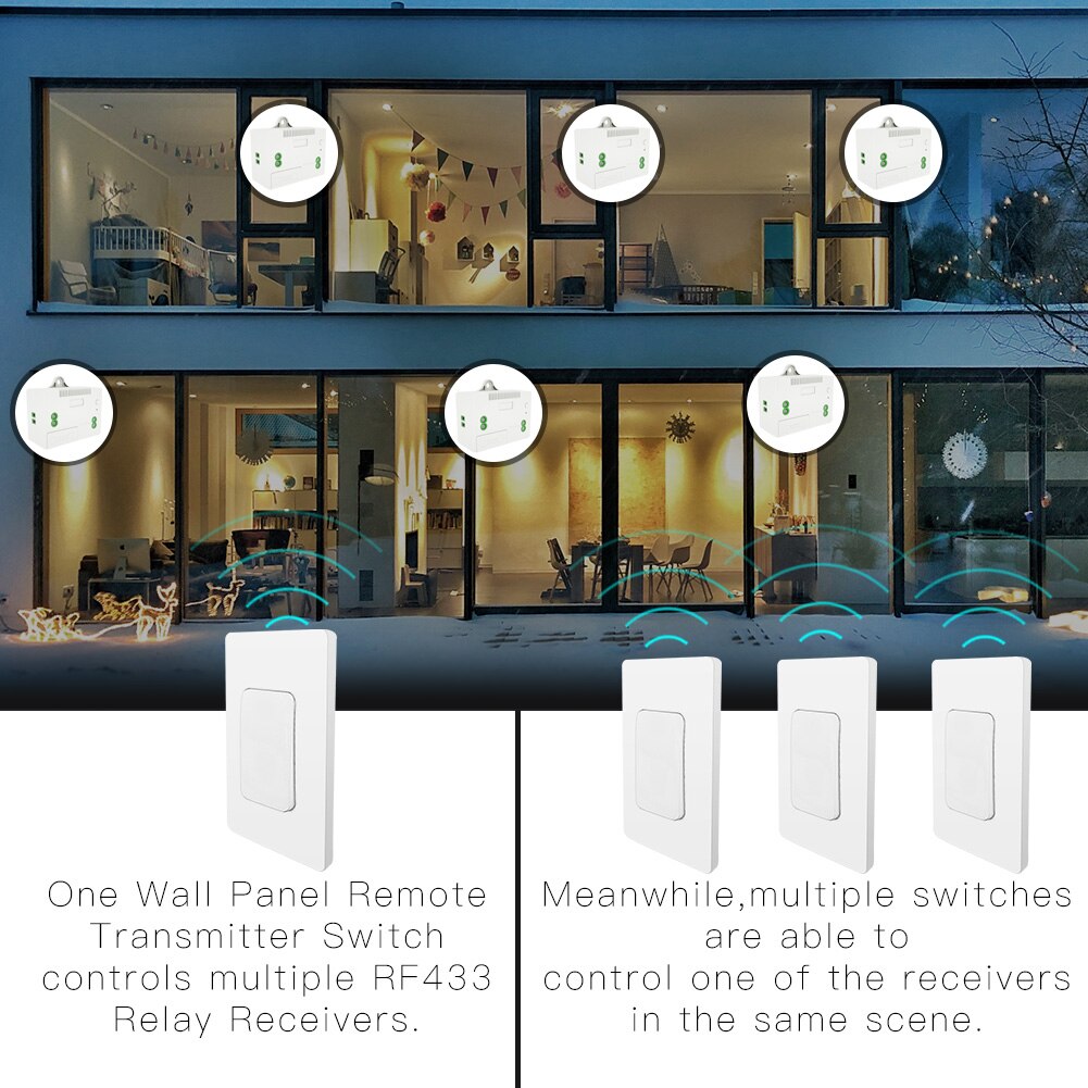 RF433 Wireless Switch No Battery Remote Control Wall Light Switch Self Powered No Wiring Needed Wall Panel Transmitter US Type