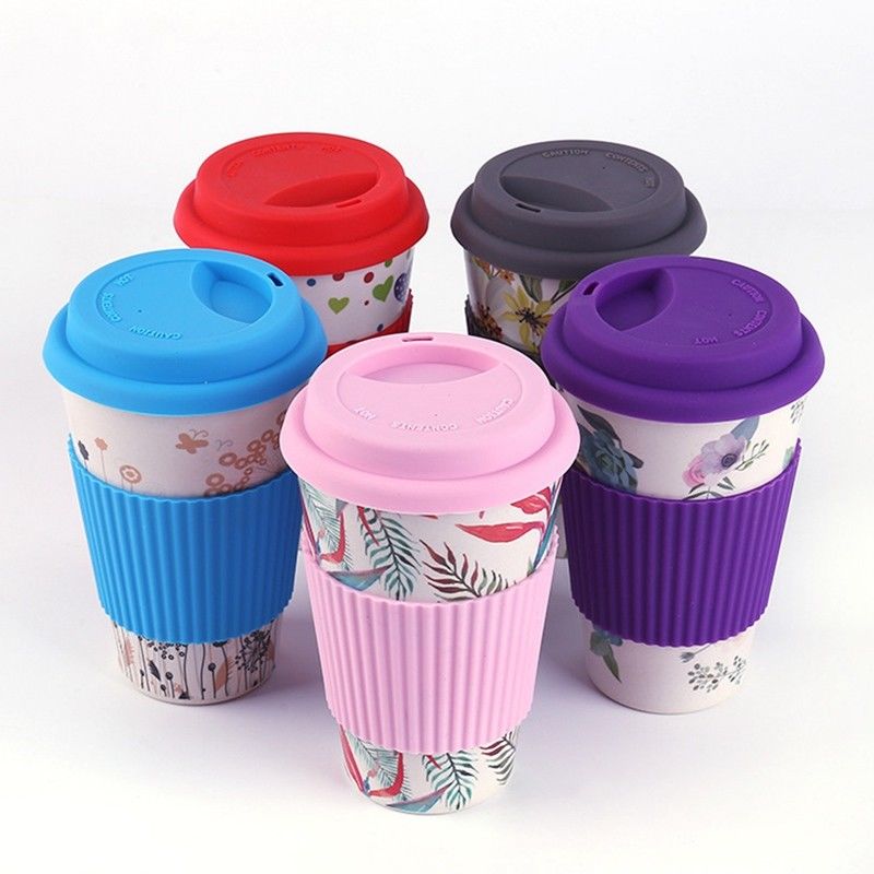 Portable Practical 400ml Reusable Bamboo Fibre Coffee Cups Fashionable Eco Friendly Printing Travel Mugs Useful