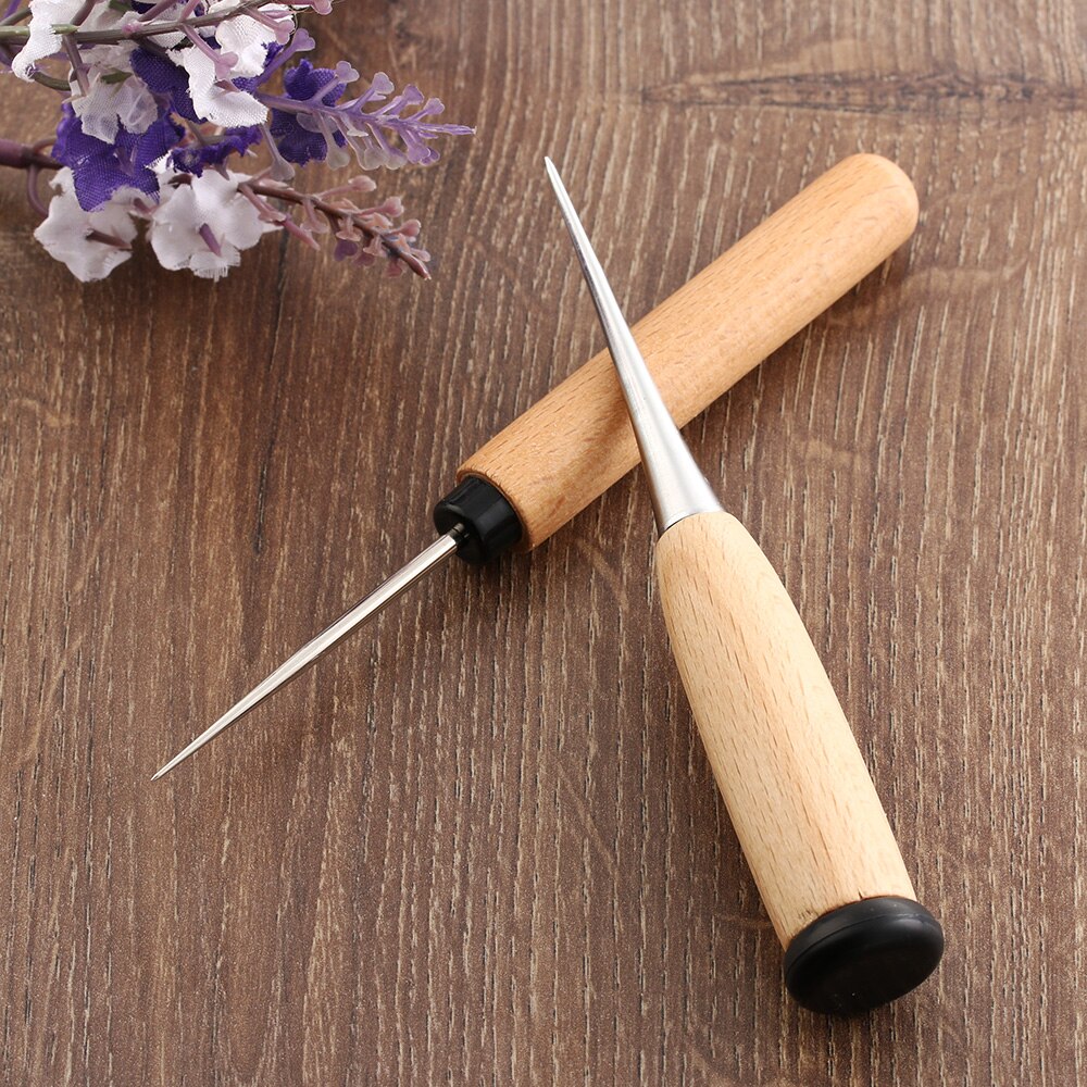 1PC Plastic Wooden Handle Stainless Steel Awl Tool Leather Craft Hole Maker Punching Stitch Needle Taper Sewing Stitching Tools