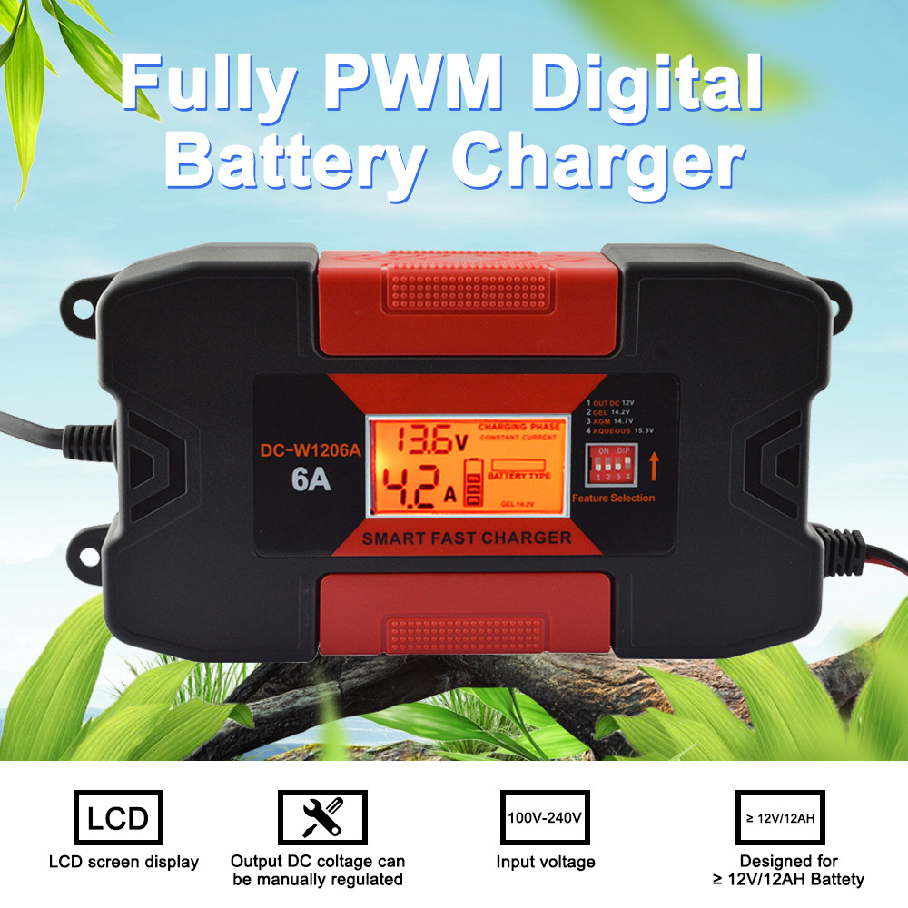4A/6A 12V Auo Auto Smart Battery Charger 100 V-240 V EU Plug Over-temperatuur bescherming Volledig PWM Digitale Batterijlader