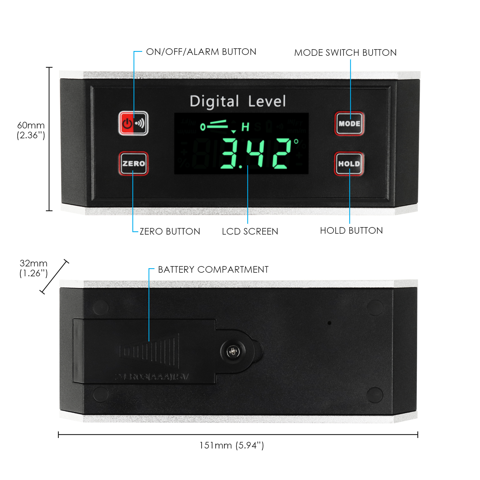 Digital Electronic Inclinometer Angle Finder Protractor Level Gauge With V-Groove Magnetic Base Always Upright Reading