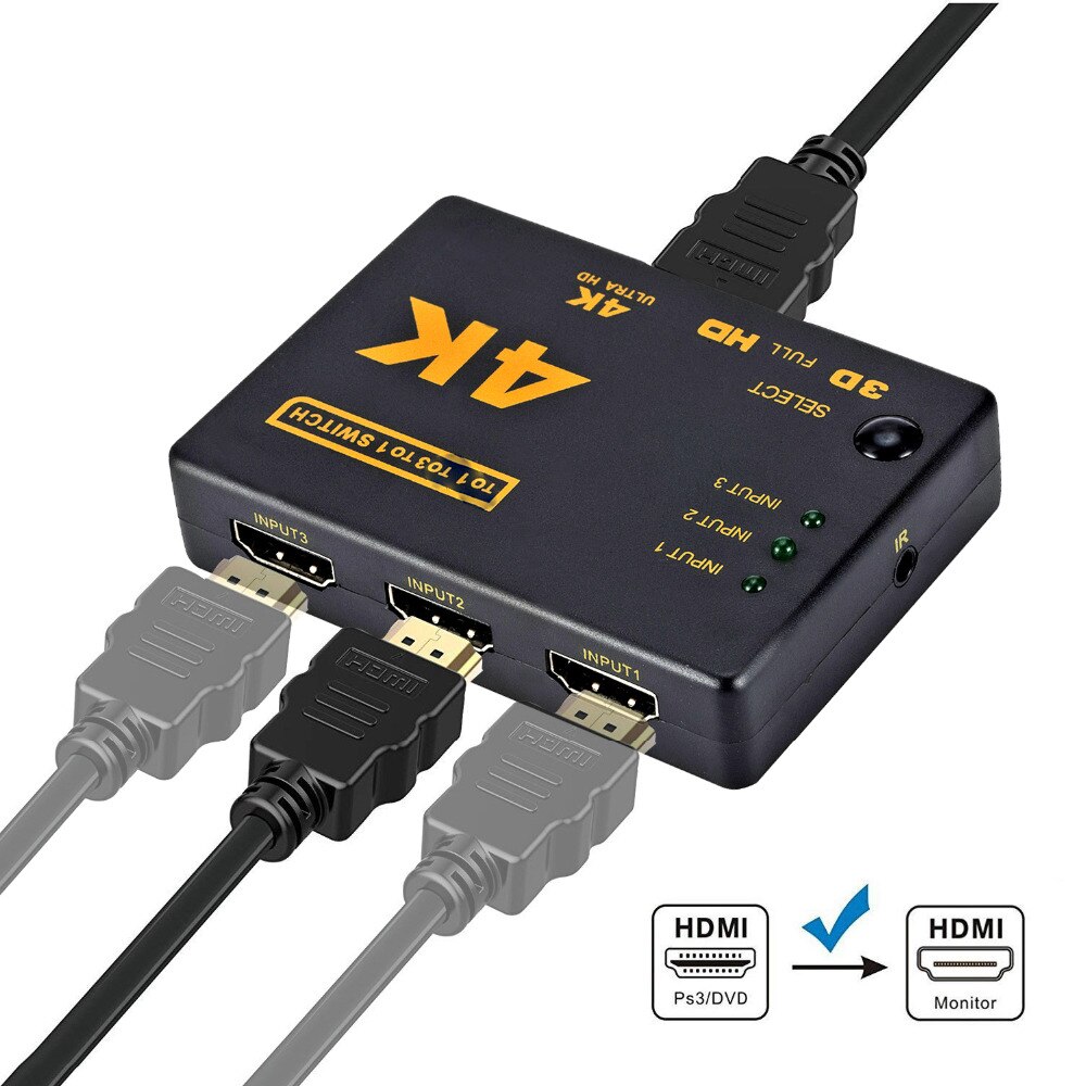 4K/2K/1080P HDMI-compatible Splitter 3 input 1 output Port Hub Video Switch Switcher Box for Display DVD HDTV for Xbox PS3 PS4