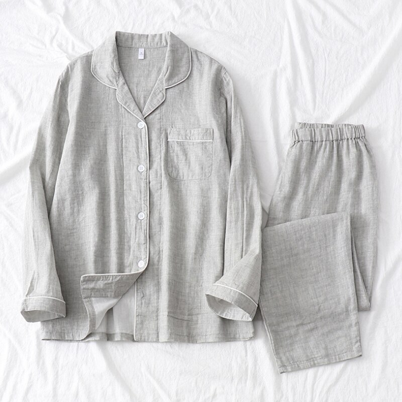 Conjunto de pijama de gasa de crepé doble para hombre y mujer, ropa de dormir con Camisa larga de algodón camisón de manga larga, novedad: gray / XXL