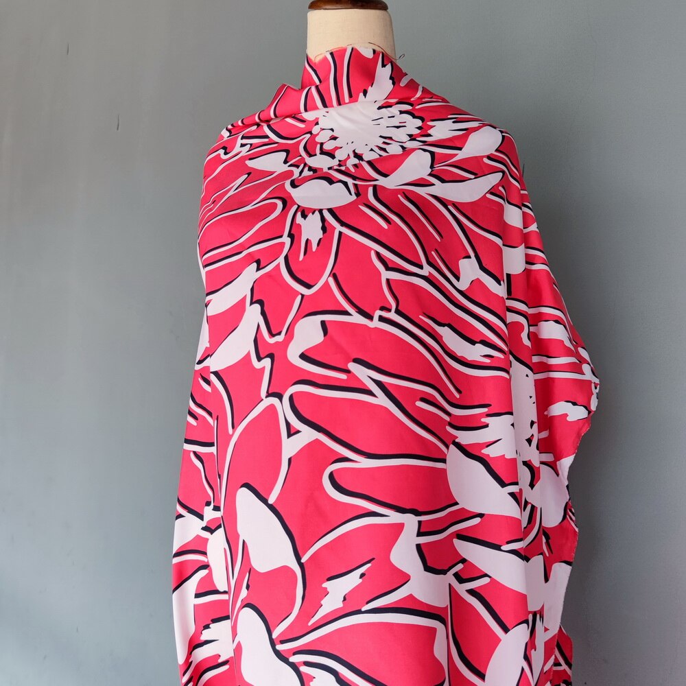 Kleermaker Pure Zijde Charmeuse Zijde Power Spinning Zijde Moerbei Zijde Rood Met Witte Bloem Grote Rode Witte Bloem Patroon