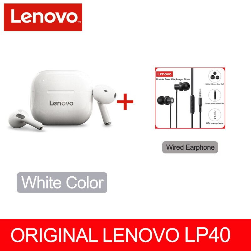 Original Lenovo LP40 TWS auricular Bluetooth inalámbrico verdadero 5,0 estéreo bajo con micrófono de manos libres auriculares AI Control IPX5 impermeable: LP40 White and TW13