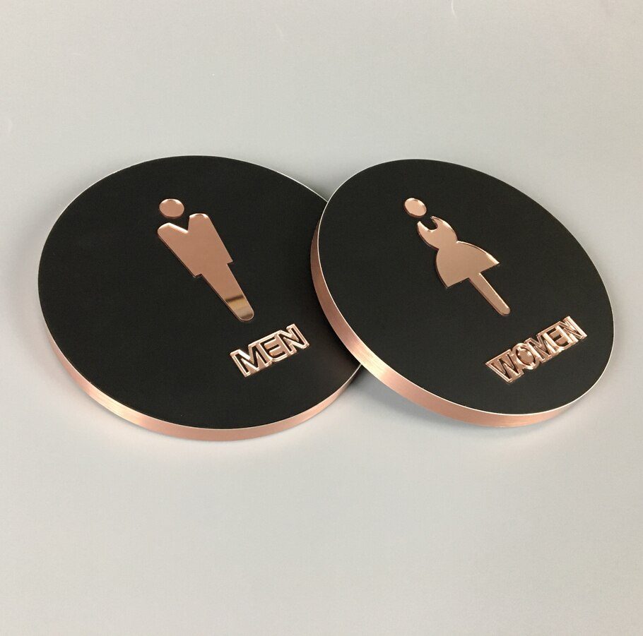 Letrero de baño para hombres y mujeres, letreros de baño (baño), Círculo de 16cm de diámetro, pegar en el cristal, pared, puerta, oro rosa y negro