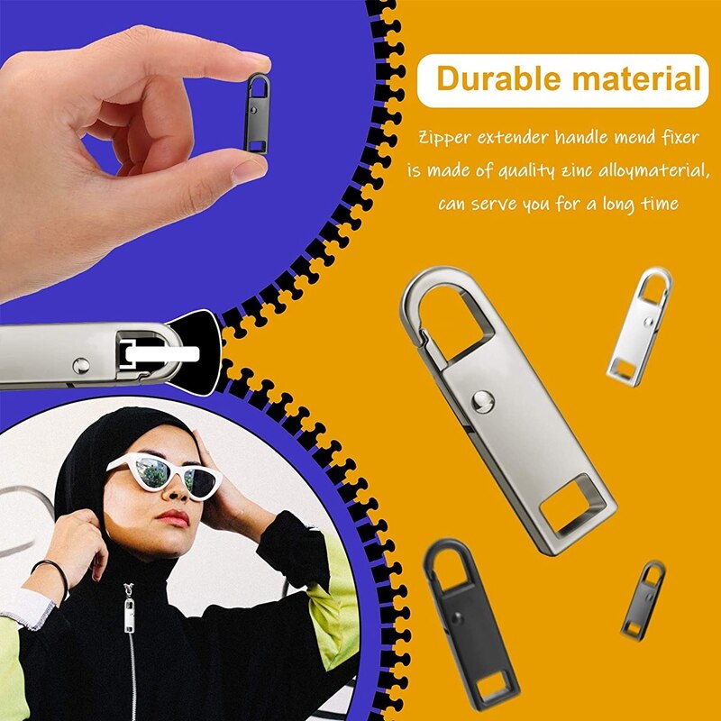 12Pcs Zipper Pull Tab Replacement Metal Zipper Handle Replacement Zipper Extender Handle Mend Fixer Repair Zipper Slider