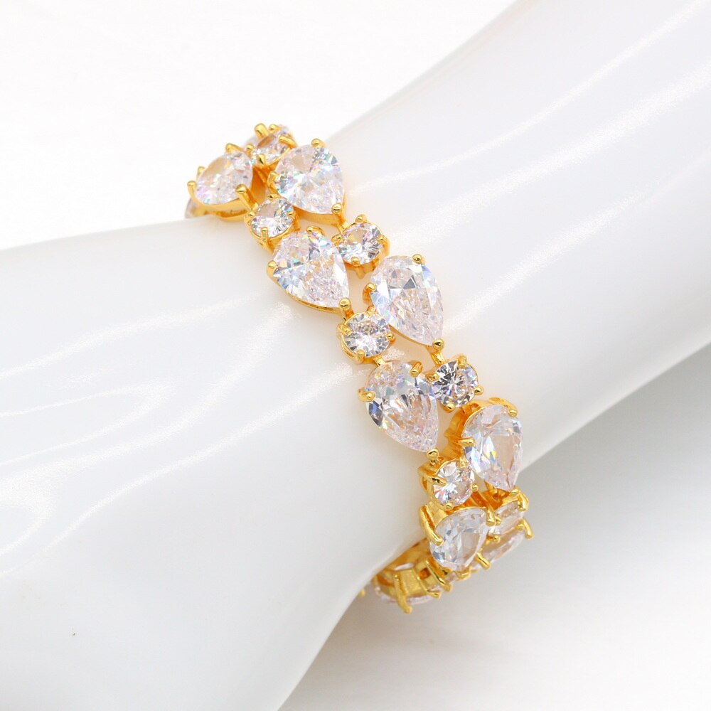 Luxe Wit Zirconia Gouden Kleur Sieraden Sets Voor Vrouwen Bruiloft Armband Stud Oorbellen Ketting Ring Box