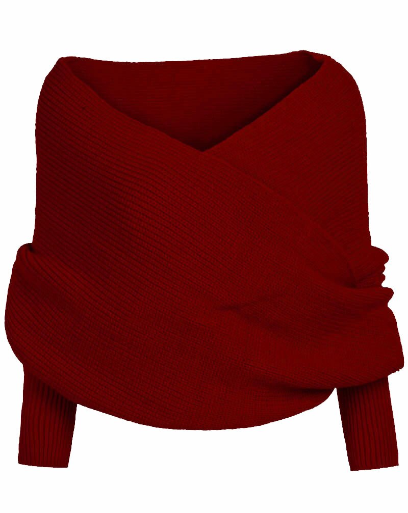 Kms Sexy Winter Warme Zachte Breiwol Lange Mouwen Wrap Shawl Effen Zwart Grijs Beige Rood Voor Vrouwen 200*42Cm: WINE RED